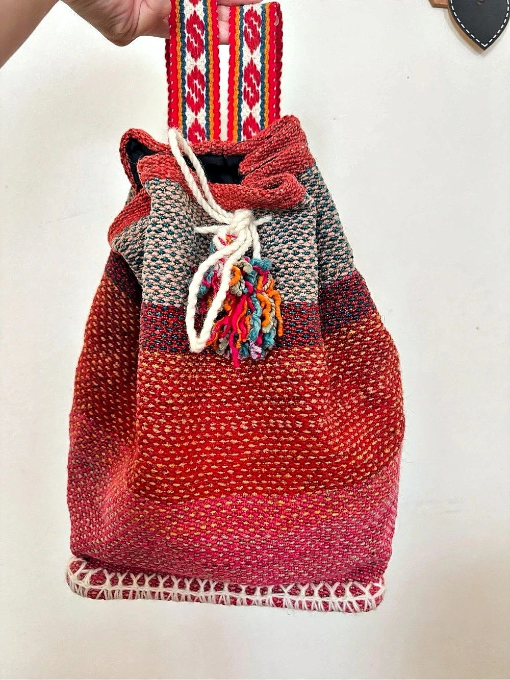 Woven Drawstring Backpack in Red & Purple